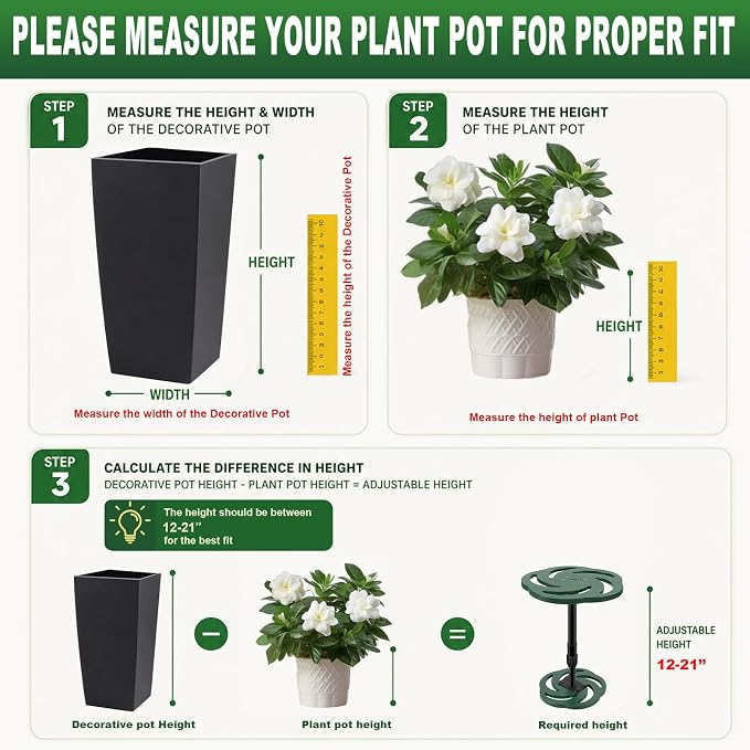 KJX Adjustable Height Plant Risers for Inside Pots, 12-21" Planter Inserts for Large Tall Taper Planters, Plastic Pot Fillers for Indoor/Outdoor Planters(6" 8" 10" Base or Top)