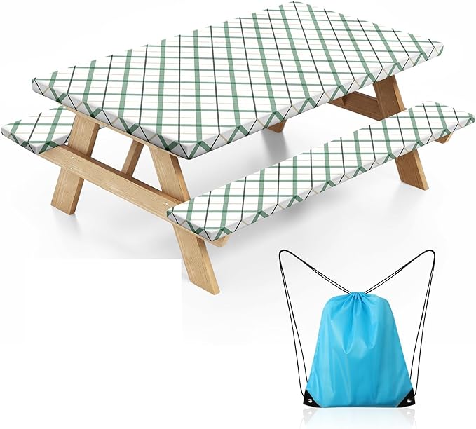 Picnic Table Cover with Bench Covers, Elastic Fitted Spandex Tablecloths for 6 Foot Rectangle Tables, Stretch Washable Patio Tablecloth for Outdoor