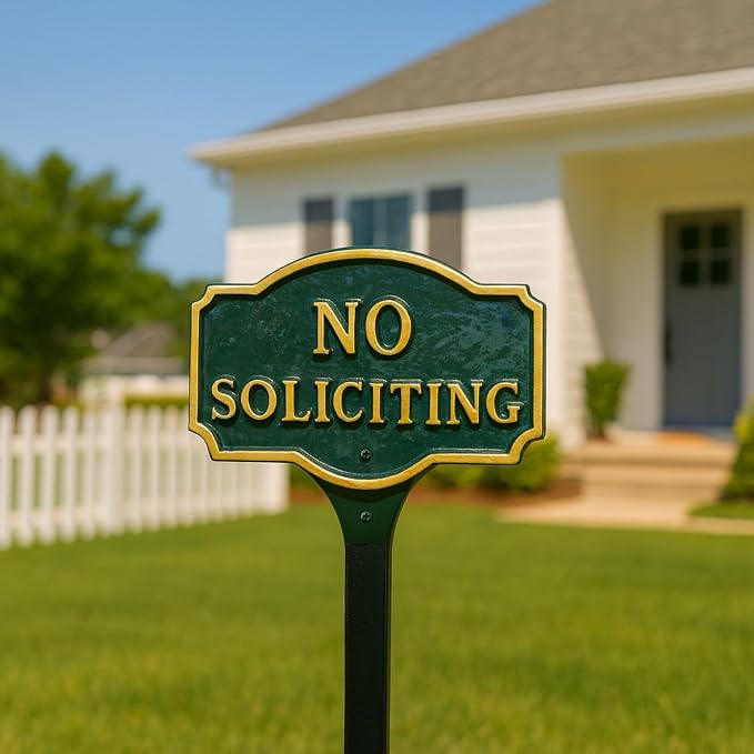 Montague Metal Products Montague No Soliciting Statement Plaque, Cast Metal No Soliciting Statement Sign - WALL Display - Warning Sign - Business Signage - Easy to Install - UV Resistant (Green/Gold, 4.5" x 7.15" with 17.5" Lawn Stake)