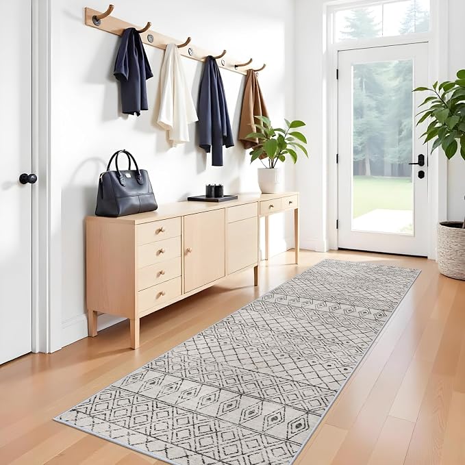 3x10 Washable Modern Runner Rug:Moroccan Boho Low Pile Rug Grey | Hallway Floor Mat Non Slip Indoor Carpet with Rubber Backing for Kitchen Bedroom Entryway