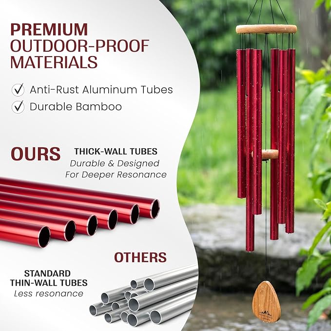 Red Wind Chimes for Outside Deep Tone, 41 Inch Hand Tuned B Major Pentatonic Alto Wind Chime with Decorative Kindness Stone, Outdoor Garden Patio Porch Decor, Meaningful Sympathy Memorial Gift