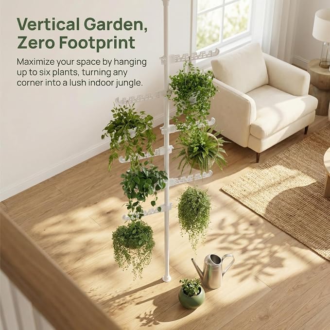 Tension Rod Plant Stand, Plant Poles for Hanging Plants Indoor, Metal Floor to Ceiling Hanging Plants Stand, Tension Pole Plant Stand with 6 Hooks (Fit 3.6-10ft), White
