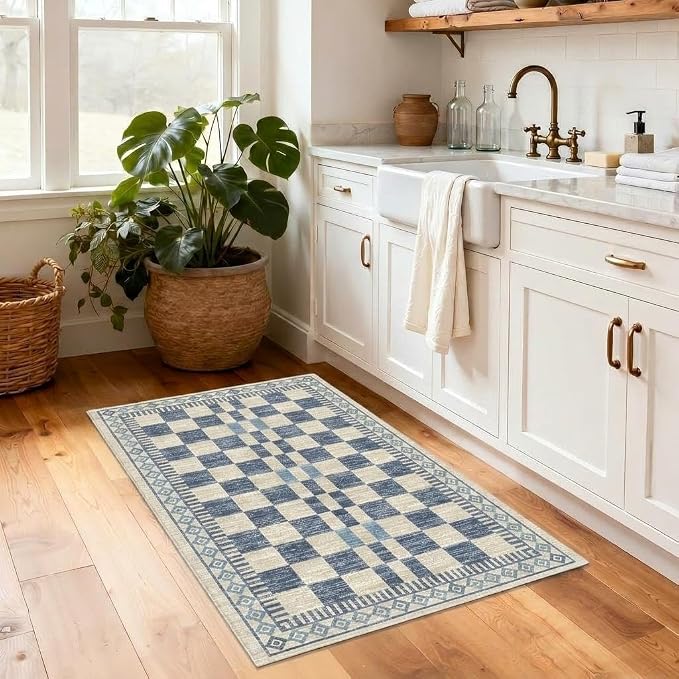 GarveeHome 2x3 Small Rug for Kitchen Modern Checkered Area Rug for Bathroom | Contemporary Blue Abstract Carpets Machine Washable Non-Slip Low Pile Doormat Soft Premium Area Rug for Hallway Bedroom