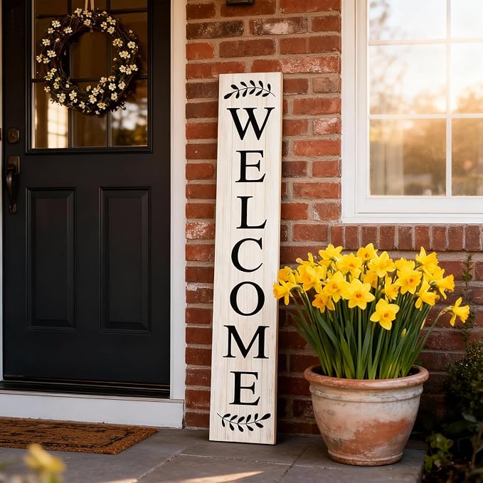 Farmhouse Wooden Welcome Sign Stand for Front Door, 47" Large Welcome Sign for Front Porch, Rustic Vertical Tall Porch Leaner Decor for Outdoor Patio Garden
