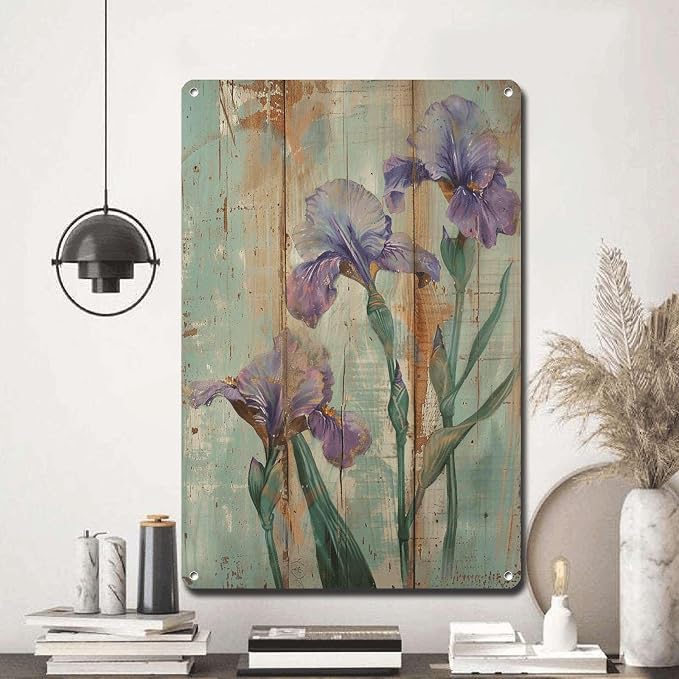 Metal Sign Tin Sign Vintage Wall Art Antique Nature's Love Irises Tin Sign for Shabby Chic Gardens Delicate Forms and Corrosion Resist Funny Outdoor Decor for Pub 6×8 Inches