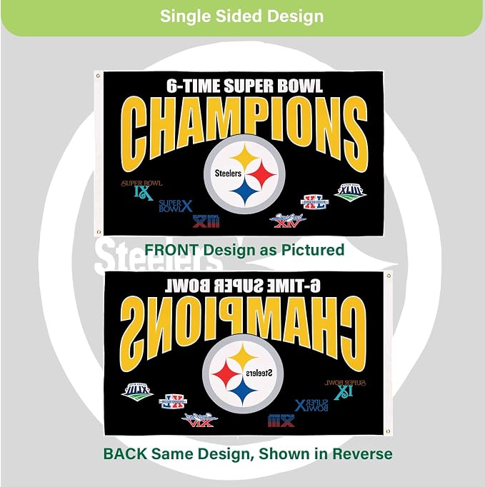 NFL Pittsburgh Steelers Multi-Win Superbowl Champions 3x5 Flag for Outside with Grommets | Outdoor & Indoor | Heavy Duty Flag & Banner | Works with Flag Pole for Outside House