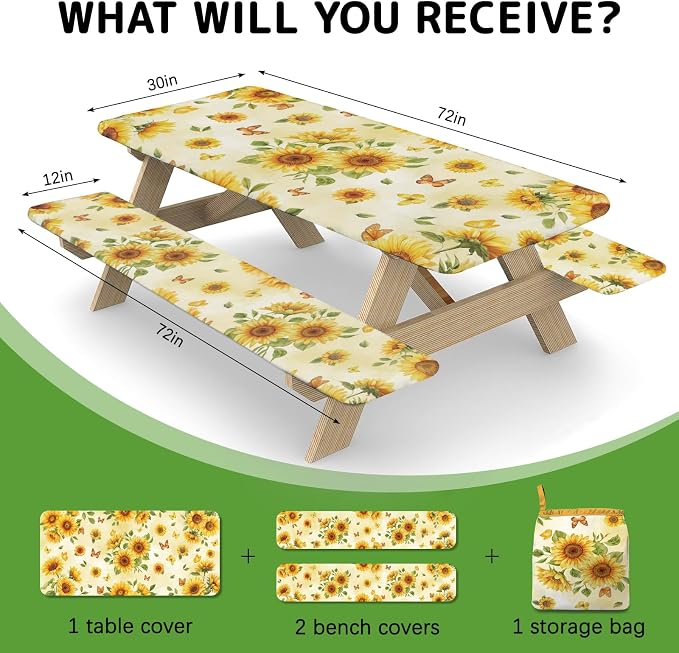 Picnic Table Cover with Bench Covers Elastic Edges, 3 Pcs Sunflower Fitted Table Cover with Drawstring Bag, Waterproof Windproof Aesthetic Camping Tablecloth, Outdoor Camping Essentials 72 Inch