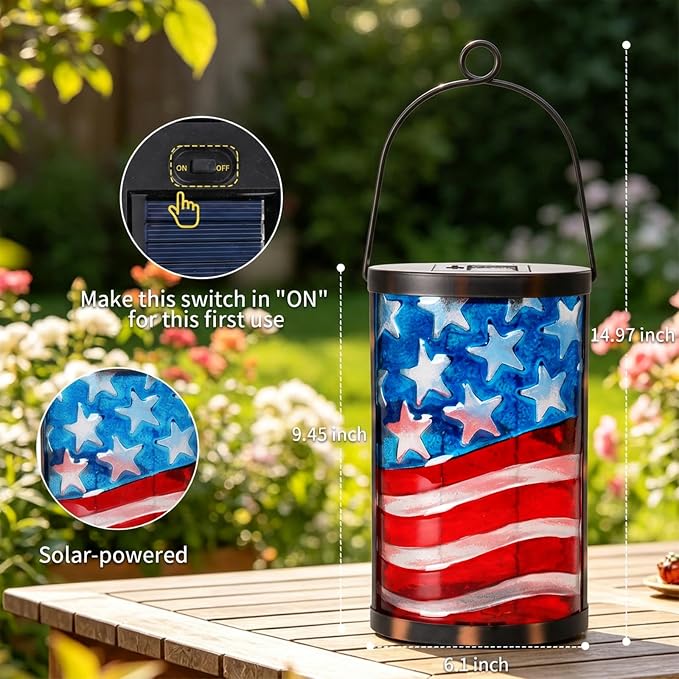 Hanging Solar Lantern Outdoor Decorative Waterproof LED Solar American Flag Lights Tabletop Lamp for Outdoor Patio Garden