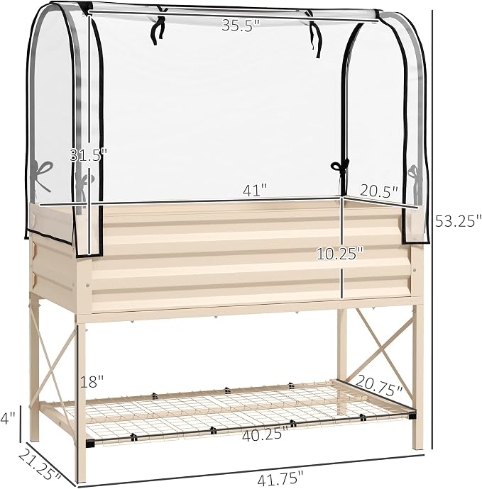 Outsunny Raised Garden Bed with Cover and Storage Shelf, Rectangular Metal Elevated Planter Box with Legs and Bed Liner for Vegetables, Flowers, Herbs, Cream