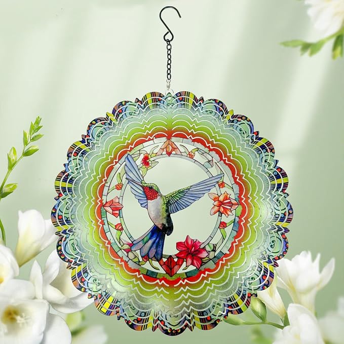 Eandisom Wind Spinners Outdoor Hummingbird - Birthday Gifts for Women Mom Grandma, Hanging Wind Spinner 12 inch 3D Wind Sculptures for Garden Decor for Outside, Patio, Yard, Outdoor