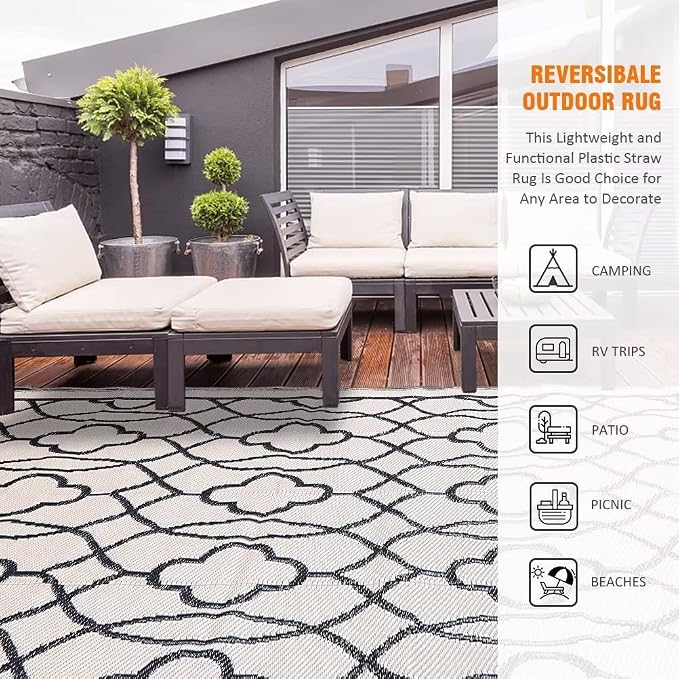 Pendolr Reversible Mats - Outdoor Rugs 9'x12' for Patios Clearance, Plastic Straw Rugs Waterproof, Portable, Outdoor RV Camping Rug, Garden, Balcony, Picnic, Beach, Camping(Black & Beige)