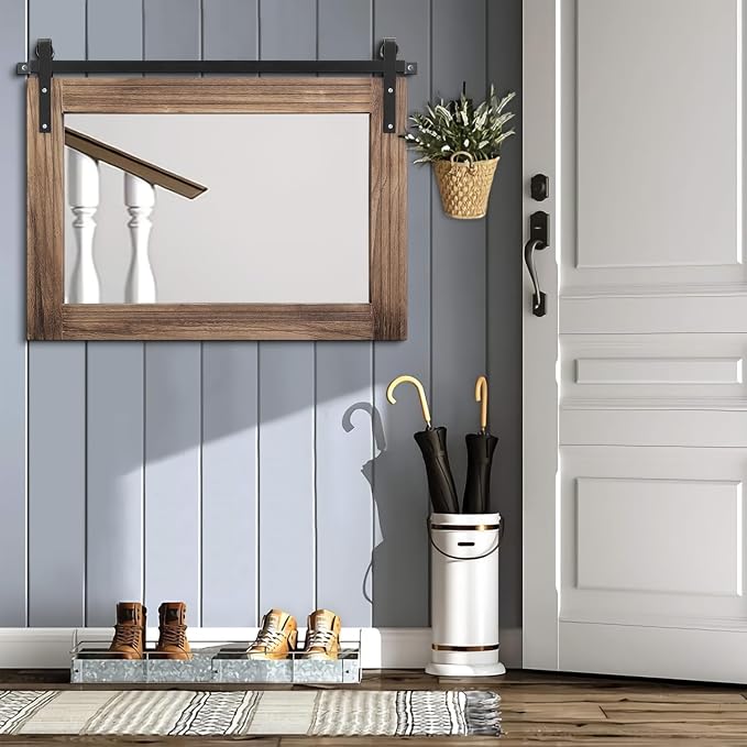 AAZZKANG Wood Mirror Rectangle Large Rustic Wall Mirror 18"x26" with Framed Bedroom Living Room Bathroom Hanging Mirror Horizontal
