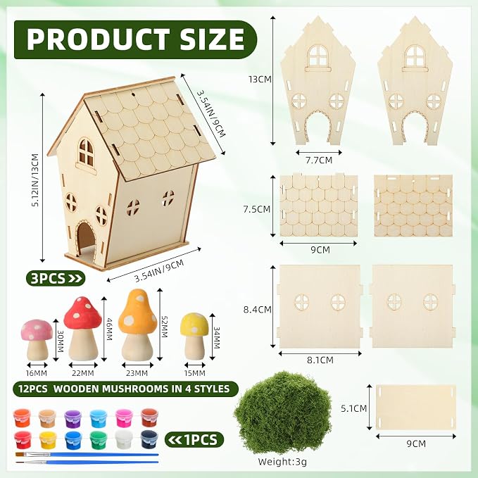 DoubleFill 3 Sets Wooden Fairy House Craft Kit for Kids - Classroom DIY Fairy Garden with Paints & Decorations - School Arts Crafts & Birthday Gift for Activity Party Decor (Classic Style)