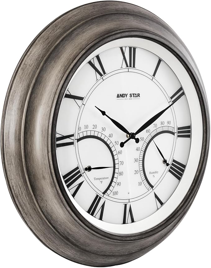 ANDY STAR 24 Inch Outdoor Clocks Waterproof,Large Outdoor Wall Clocks for Garden Patio Pool, Modern Lighted Metal Clock Battery Operated with Thermometer&Hygrometer, Gray Oak Wooden Non Ticking