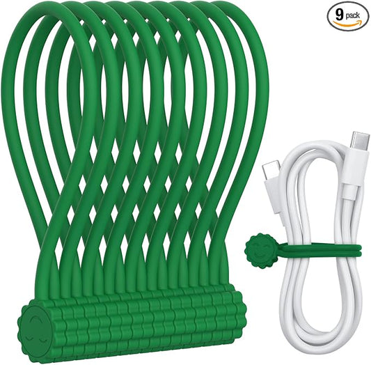 Rich&Ray Silicone Magnetic Twist Ties, Reusable Magnetic Ties for Bundling and Organizing Cable, Holding Stuff, Kitchen Magnets, Office Magnets or Just for Fun (Green, 9 pack)