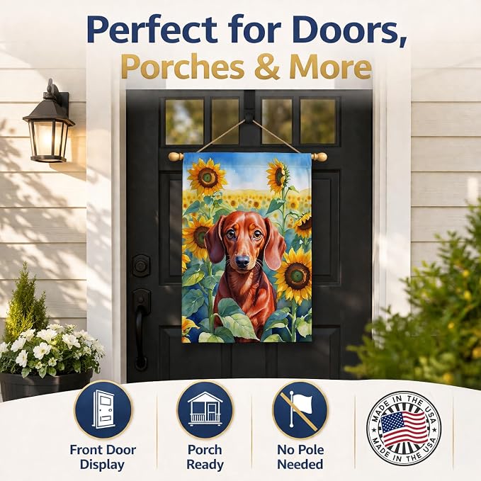 Caroline's Treasures DAC6065CHF Dachshund in Sunflowers House Flag Large Porch Sleeve Pole Decorative Outside Yard Banner Artwork Wall Hanging, Polyester, House Size, Multicolor