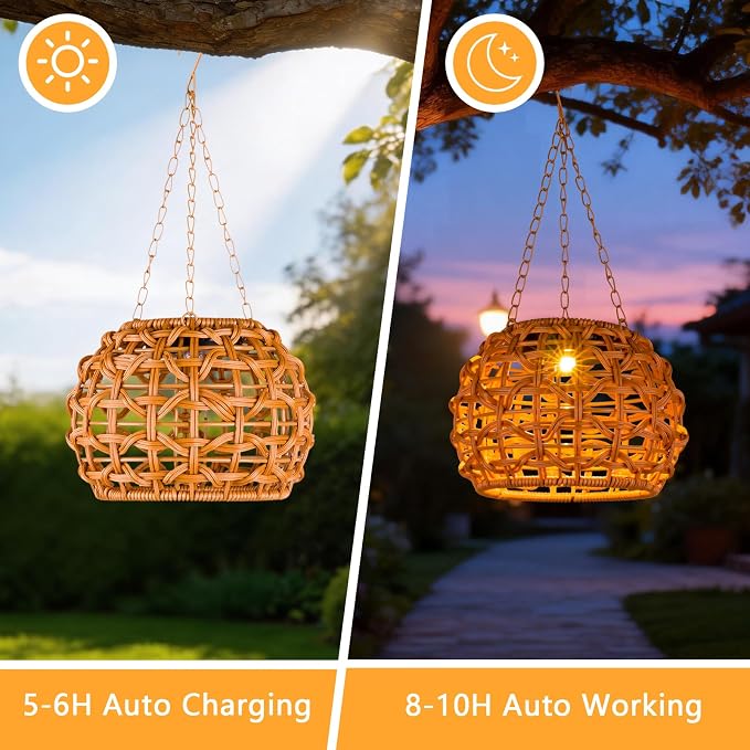 2 Pack Solar Lanterns Outdoor Waterproof, Hanging Solar Lights for Outside with Upgraded Bright LED, Boho Rattan Lantern, Outdoor Chandelier Lights for Garden, Yard, Porch, Patio, Backyard, Gifts