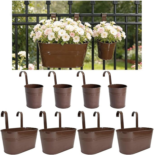 Pack of 8 Metal Hanging Planters for Outdoor Plants, 4 Pcs 4" Round Railing Planter & 4 Pcs 10" Oval Fence Flower Pots for Balcony Garden Decor, Chocolate