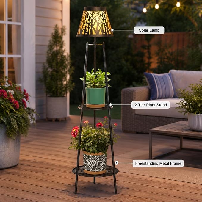 2 Pack Outdoor Solar Floor Lamp with Plant Stand, Waterproof Metal Garden Lights with 2-Tier Shelves, Decorative LED Cordless Patio Lamp for Porch, Deck, Balcony, Yard & Corner Decor (Bronze)