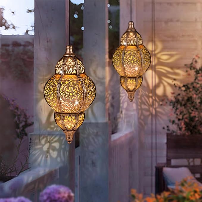 Solar Lantern Outdoor Waterproof, Hanging Garden Decor, Metal Moroccan Decorative Lights for Yard, Patio, Lawn, Porch, Unique Housewarming Gifts