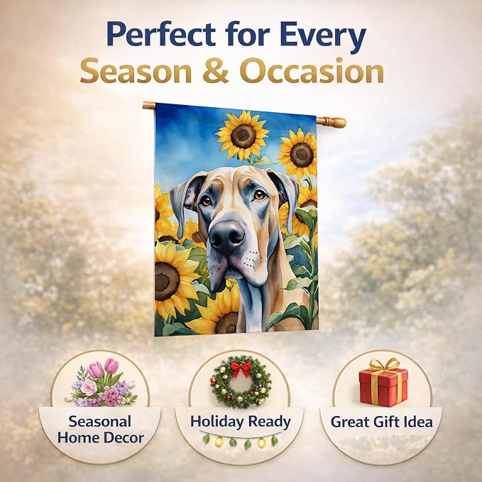 Caroline's Treasures DAC6092CHF Great Dane in Sunflowers House Flag Large Porch Sleeve Pole Decorative Outside Yard Banner Artwork Wall Hanging, Polyester, House Size, Multicolor