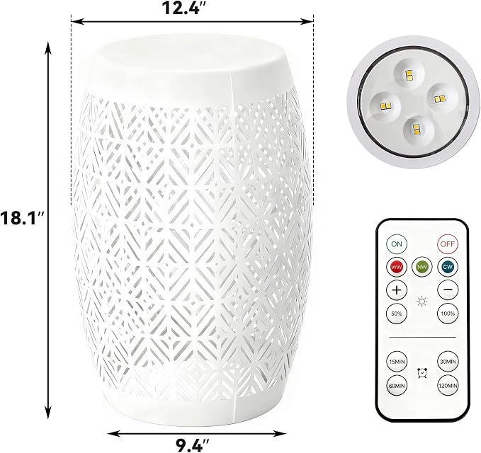 18" Cutout Metal LED Outdoor Side Table, Modern Drum Accent Table | Versatile Decorative Table with 3-Mode LED Lights,Use as Coffee Table, Garden Stool, Nightstand for Patio, Living Room