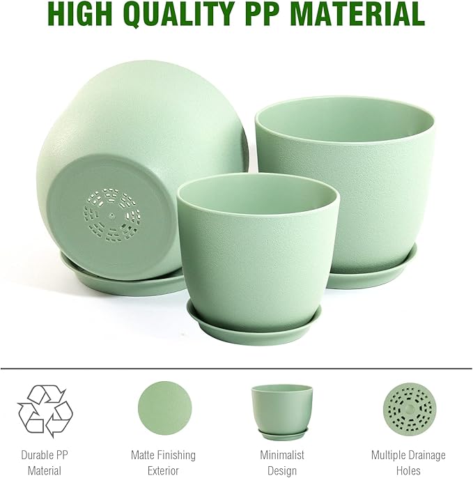 WSMKSZ Large Plant Pots 12/10/9 inch, Set of 3 Modern Decorative Plastic Planters with Drainage Holes and Saucers, Flower Pots for Indoor Outdoor Plants, Green