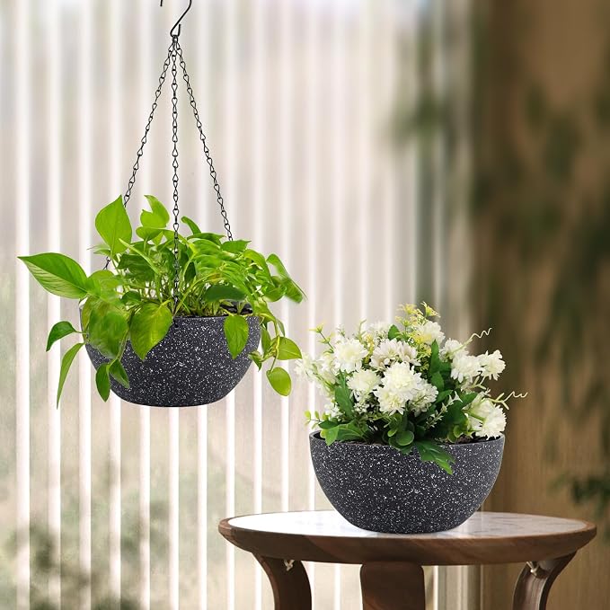 Meowell 8 inch Small Hanging Planters for Indoor Outdoor Plants, 2 Pack Hanging Flower Plant Pots with Drainage Holes and Chain for Porch, Plastic Hanging Baskets for House Plants, Speckled Black