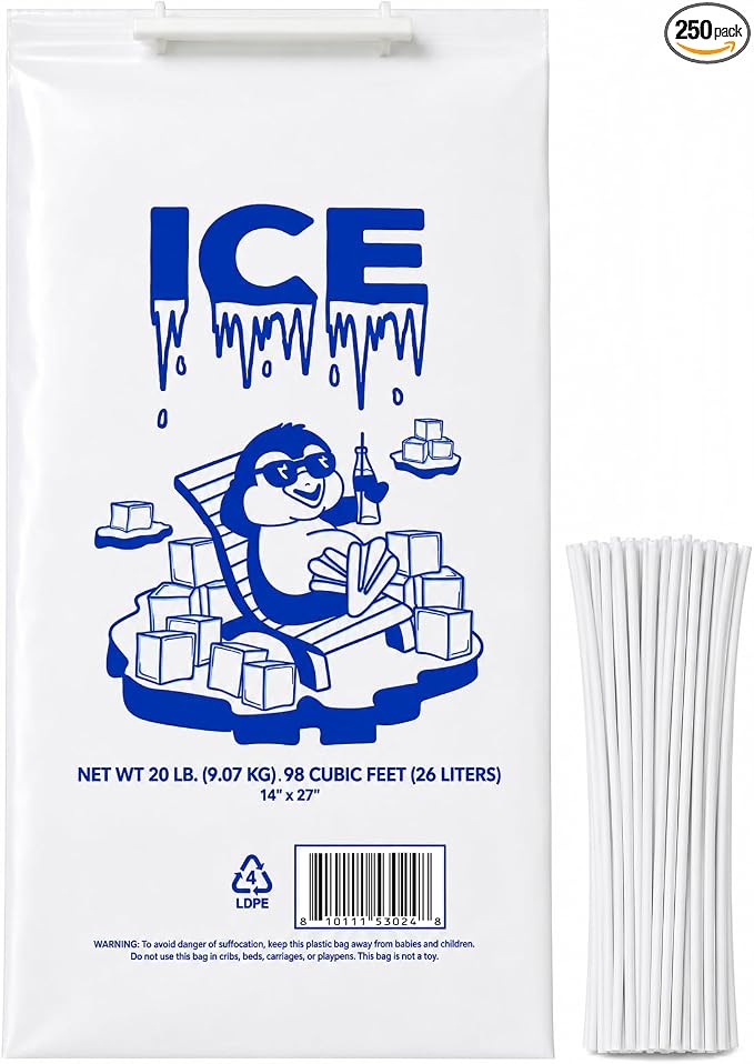 Ice Bag 20 lb 14" x 27" 250 Count | Twist Ties Included | Heavy Duty Storage Bags | Retail Sales, Parties, Camping & Food Cooling | LDPE Plastic Bags | Bits N Things