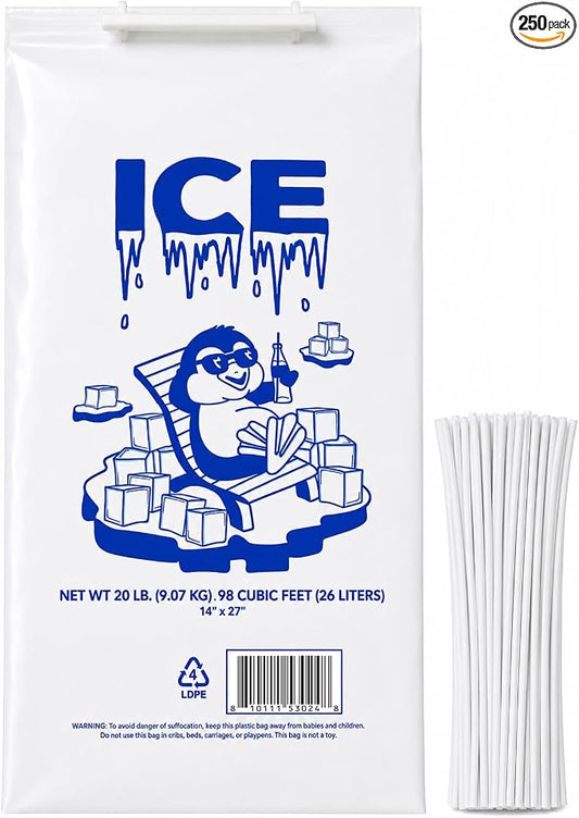 Ice Bag 20 lb 14" x 27" 250 Count | Twist Ties Included | Heavy Duty Storage Bags | Retail Sales, Parties, Camping & Food Cooling | LDPE Plastic Bags | Bits N Things