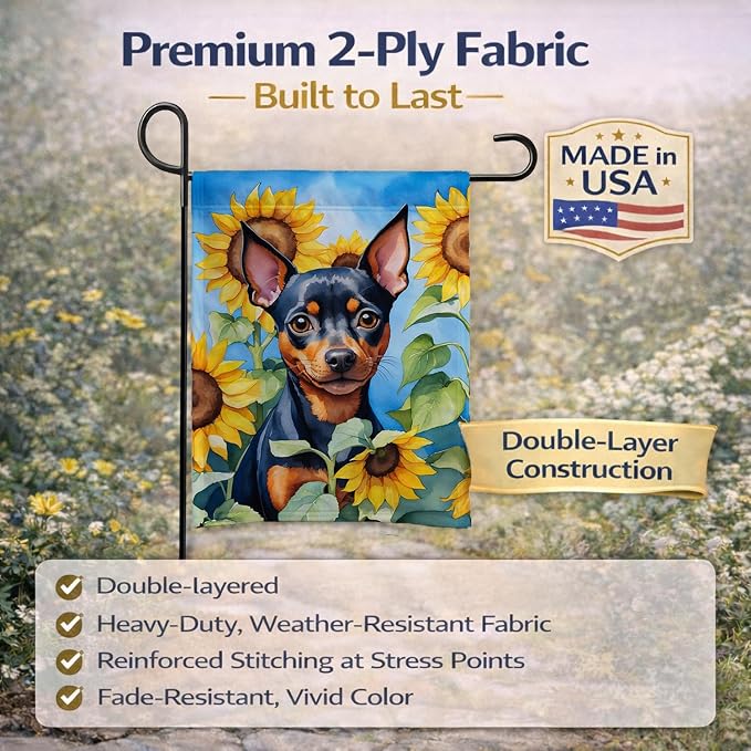 Caroline's Treasures DAC6121GF Miniature Pinscher in Sunflowers Garden Flag Mailbox Flag Decorative Yard Flag Banner Outside Patio Artwork Yard Flower Beds, Garden Size, Multicolor