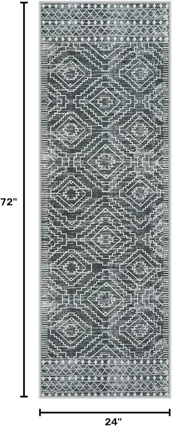 Wonnitar Washable Kitchen Runner Rug 2x6, Moroccan Grey Runners for Hallway, Non Slip Bohemian Soft Bathroom Throw Mat Geometric Carpet Runner for Laundry Entryway Bedroom (Dark Grey,2'x6')