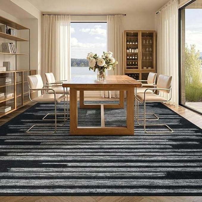 GarveeHome Black Rug 6x9 Washable Low Pile Carpet for Living Room Bedroom | Modern Striped Area Rugs for Home Office Geometric Stain Resistant Non Slip Bedroom Kitchen Rugs , Black