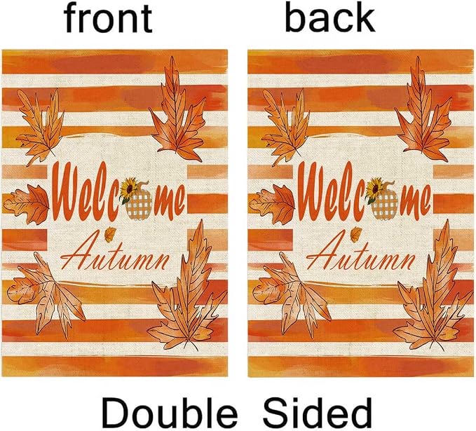 EMMTEEY Welcome Garden Flag Fall Leaf 12.5X18 Double-Sided, Seasonal Yard Flags Welcome Autumn Small Burlap Garden Flags for Outside Front/Back Door