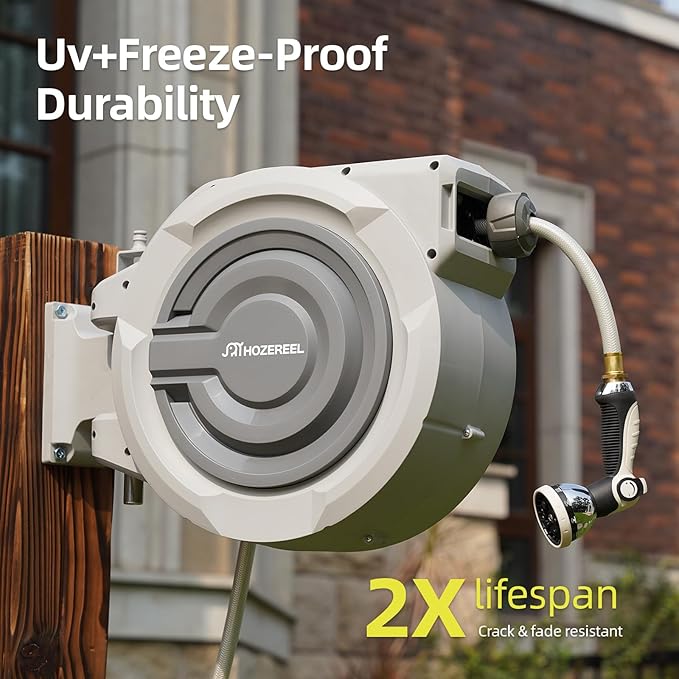 5/8" x 110 FT Retractable Garden Hose Reel by HOZEREEL, UV Resistant Hose Reels - Automatic Slow Self Retract Wall Mount Hose Reel Enclosed Storage, Any Length Lock 180° Swivel, 10 Pattern Nozzle