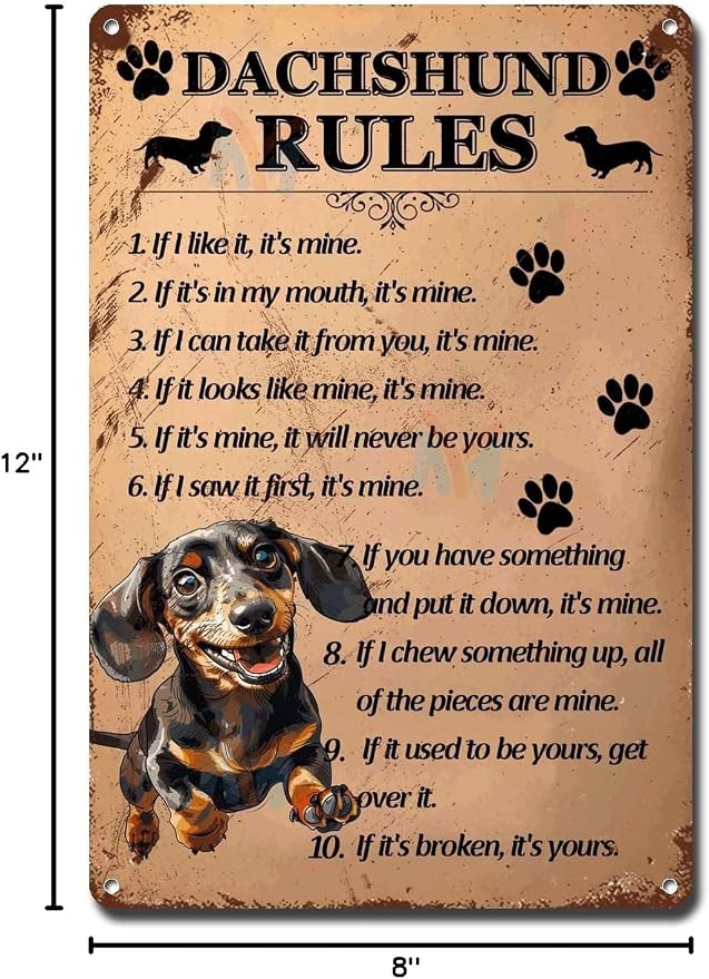 Metal Sign Tin Sign Vintage Wall Art Dachshund Rules Wall Art for Restaurant 8×12 Inches