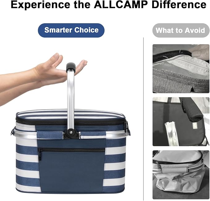 ALLCAMP Picnic Basket - Insulated Cooler, Thickening Foldable Picnic Basket with Removable Baskets & Sewn-in Frame, Basket for House Warming Gifts New Home(Blue White)