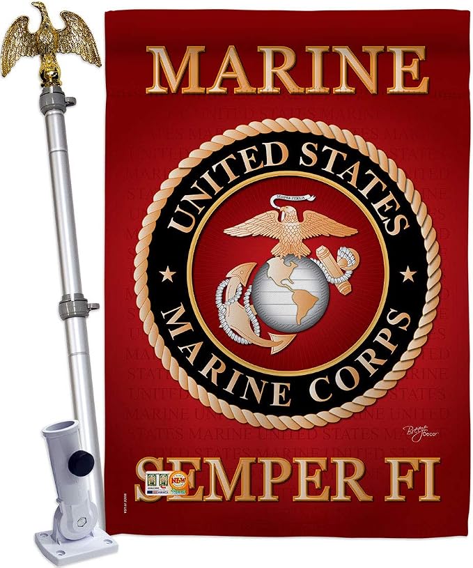 Breeze Decor HS108057-BO-02 Marine Corps Americana Military Decorative Vertical House Flag Set, 28"x 40" w/Flagpole, Multi-Color