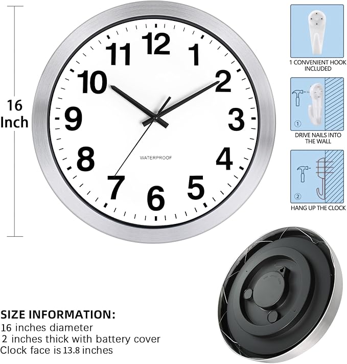 Caysie 16 Inch Sealed Indoor Outdoor Clocks Waterproof, Silent Battery Operated Quartz Metal Wall Clock for Patio Pool Bathroom Home (Silver)
