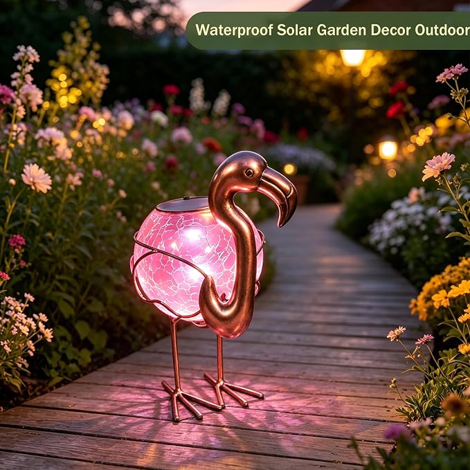 MUMTOP Flamingo Solar Light Outdoor Garden Decor, Solar Flamingo with Crackle Glass Globe Waterproof Tabletop Decorative Lights for Outside Patio Yard Decorations