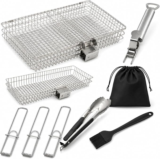 8-Piece BBQ Grill Basket Set - Stainless Steel Vegetable Grilling Basket with Detachable Handle & Lid, Portable Fish Grilling Basket & Meat Roaster, Grilling Gifts for Men Dad