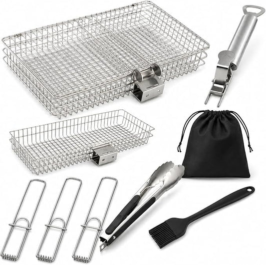 8-Piece BBQ Grill Basket Set - Stainless Steel Vegetable Grilling Basket with Detachable Handle & Lid, Portable Fish Grilling Basket & Meat Roaster, Grilling Gifts for Men Dad