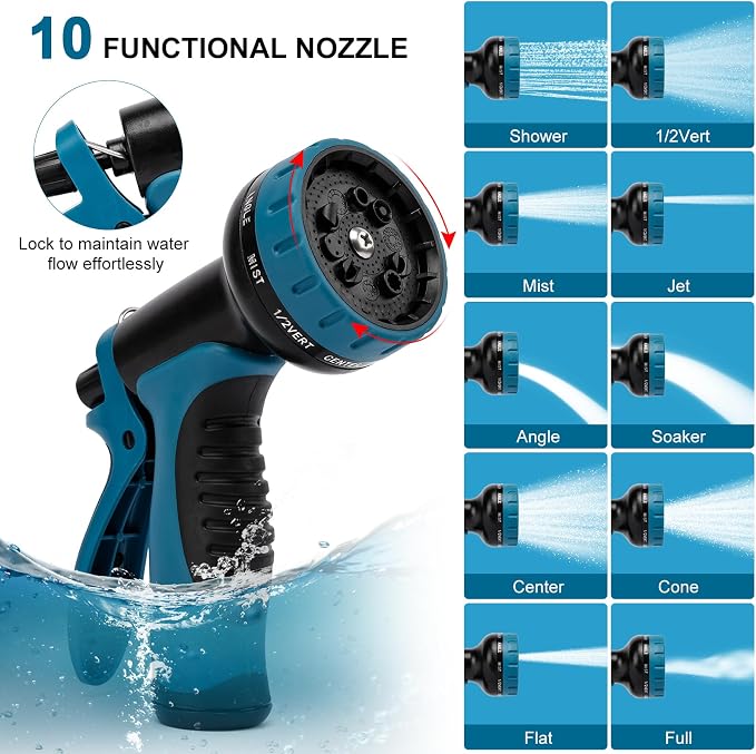 Metal Garden Hose 100 ft x 5/8 in OD with 10 Pattern Sprayer Nozzle, Stainless Steel Water Hose, Non Expandable Flexible Kink Resistant Heavy Duty Hose for Yard, Car Washing and Pet Bath
