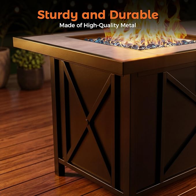 BALI OUTDOORS 42 inch 50,000 BTU Rectangular Propane Gas Fire Pit Table with Fire Glass and Table Lid, Fire Pits Outdoor for Garden, Patio, Backyard