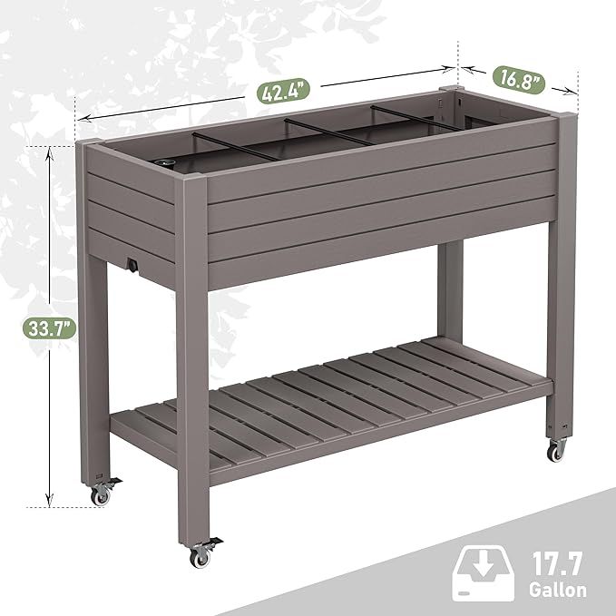 33.7" Tall Raised Garden Bed with Wheels, Divisible Resin Planter Box with Drainage Gauge & Storage Shelf, Herb Planter for Garden Patio Backyard, Medium Gray (33.7" h)