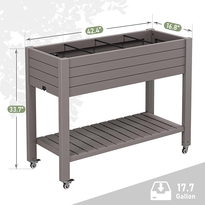 Elevated Raised Garden Bed with Wheels,Planter Box,Gray-33.7" h | Resin Planter Box with Drainage Holes, Water Monitor, Wheels for Garden Patio Backyard