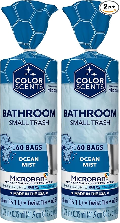 Color Scents Small Trash Bags - 4 Gallon, 60 Bags(60 Count), Twist Tie - Light Blue Bag in Ocean Mist Scent with Microban (Pack of 2)