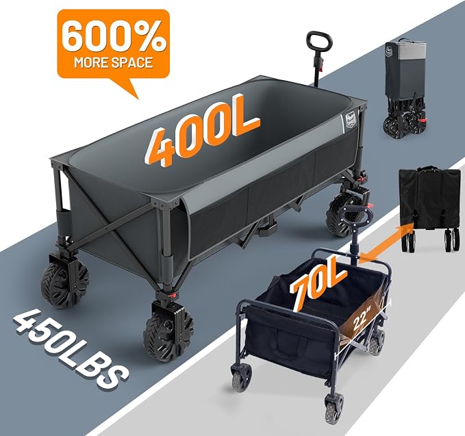 Timber Ridge 51.2" Extended Collapsible Wagon - Heavy-Duty Utility Cart with All-Terrain Wheels, Brakes & Cargo Net, 400L Capacity for Camping, Sports & Shopping, Grey