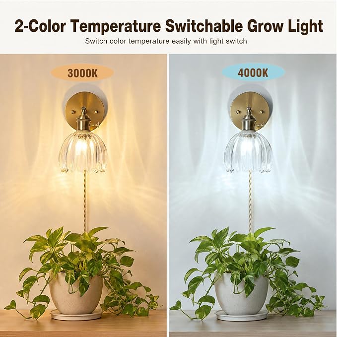 Wall Mounted Grow Lights for Indoor Plants with Vintage Tulip Glass Shade, Switch and Power Cord, Decorative Hanging Plants Light for Growing