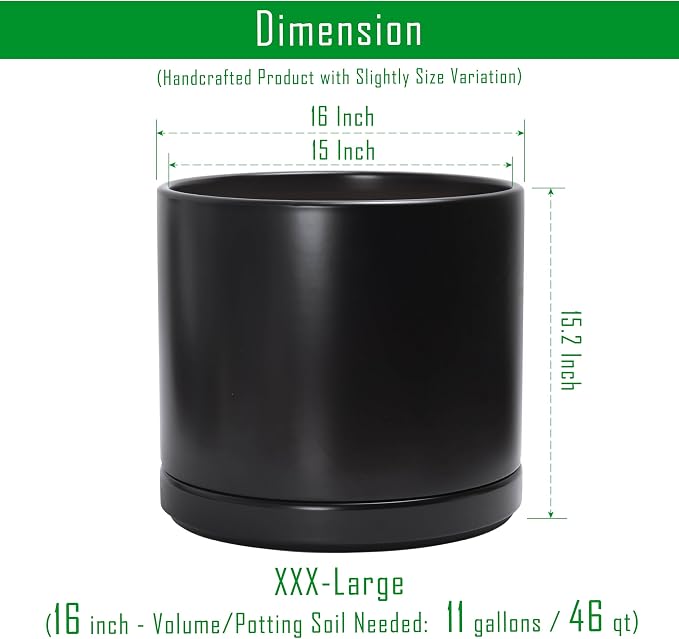 D'vine Dev 16 Inch Ceramic Planter Pot with Drainage Hole and Saucer, Indoor Cylinder Round Planter Pot, Black, 94-O-H-2